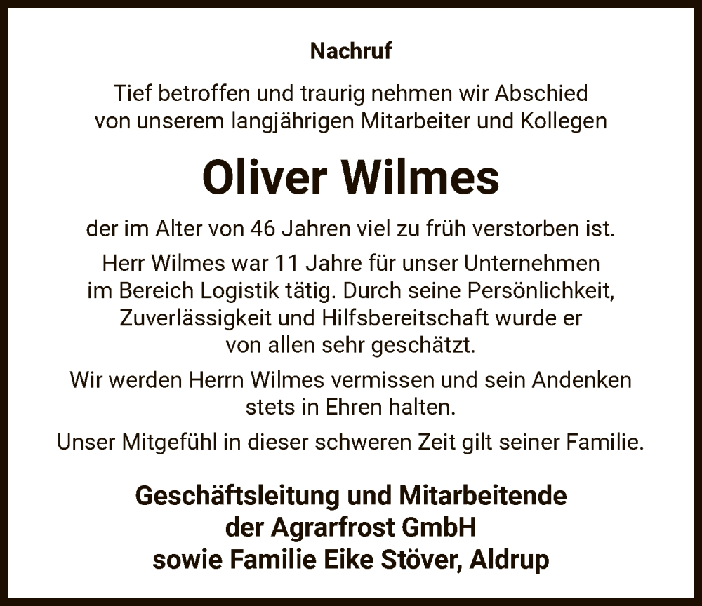  Traueranzeige für Oliver Wilmes vom 10.12.2025 aus SYKS