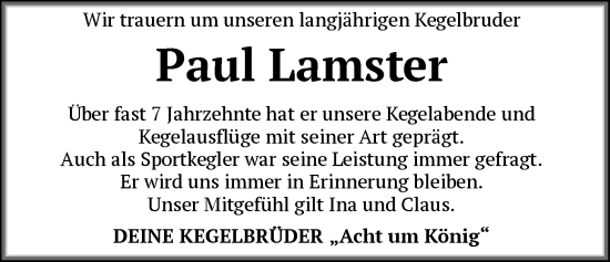 Traueranzeige von Paul Lamster von SYKS
