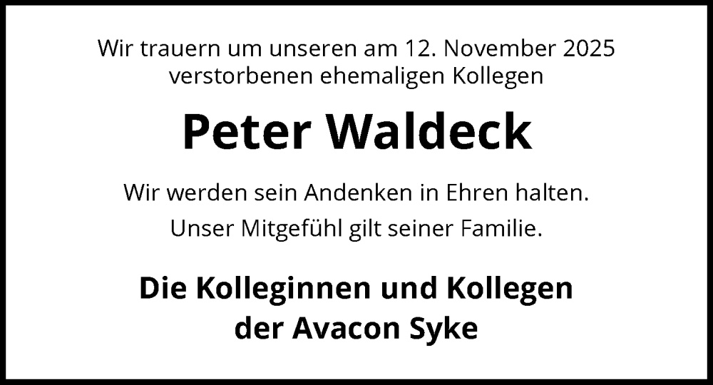  Traueranzeige für Peter Waldeck vom 02.12.2025 aus SYKS