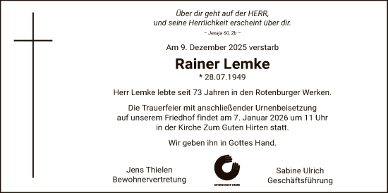 Traueranzeige von Rainer Lemke von SYKR