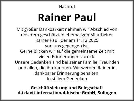 Traueranzeige von Rainer Paul von SYKS