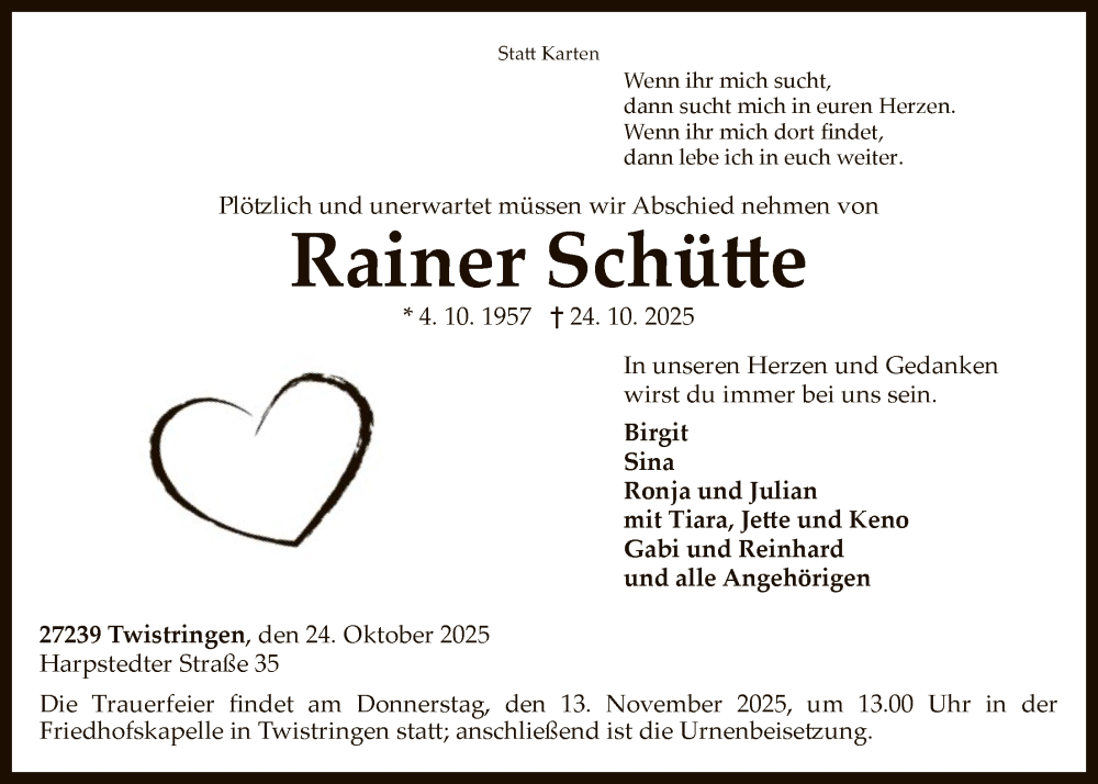 Traueranzeige für Rainer Schütte vom 08.11.2025 aus SYKS