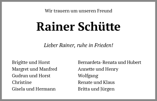 Traueranzeige von Rainer Schütte von SYKS