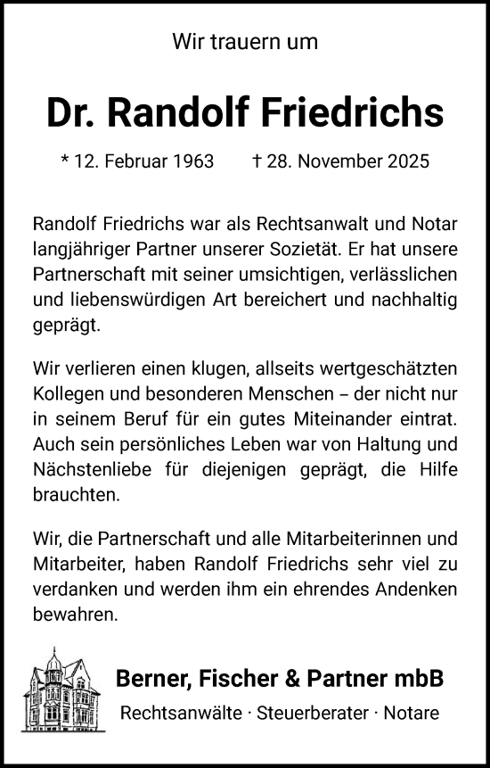 Traueranzeige von Randolf Friedrichs von SYKS