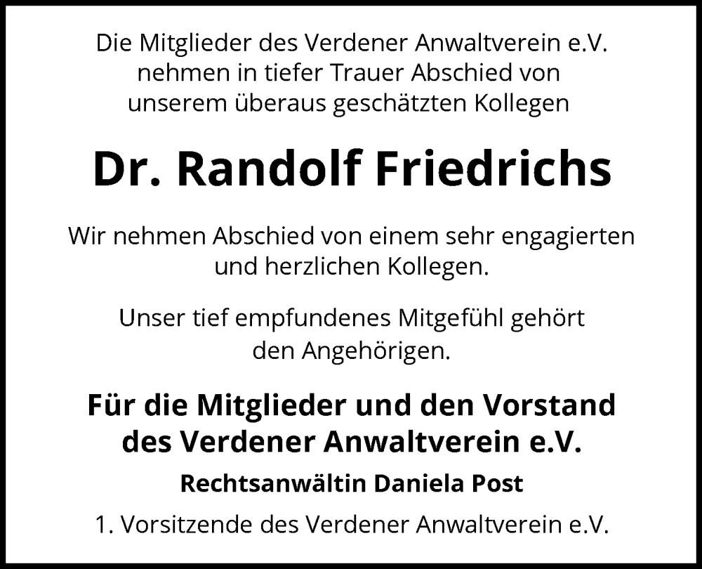  Traueranzeige für Randolf Friedrichs vom 13.12.2025 aus SYKS