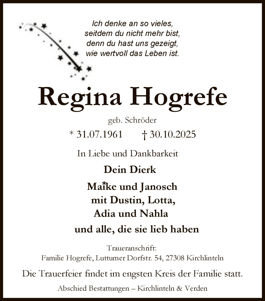  Traueranzeige für Regina Hogrefe vom 08.11.2025 aus SYKS