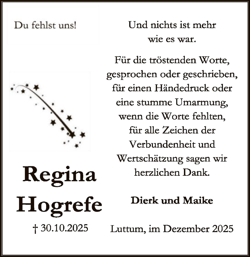  Traueranzeige für Regina Hogrefe vom 13.12.2025 aus SYKS