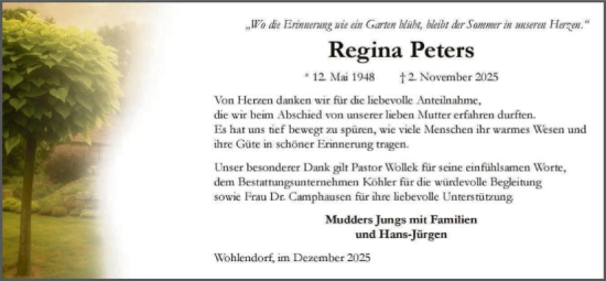 Traueranzeige von Regina Peters von SYKS