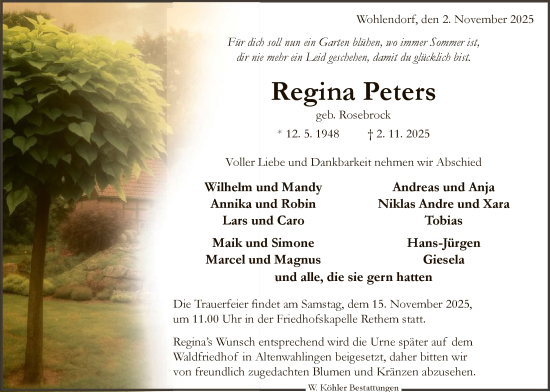 Traueranzeige von Regina Peters von SYKS