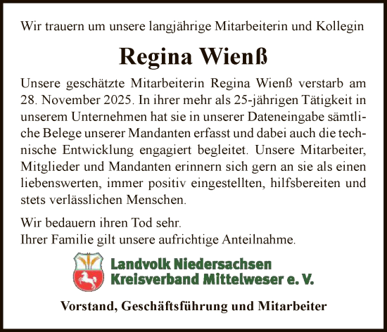 Traueranzeige von Regina Wienß von SYKS