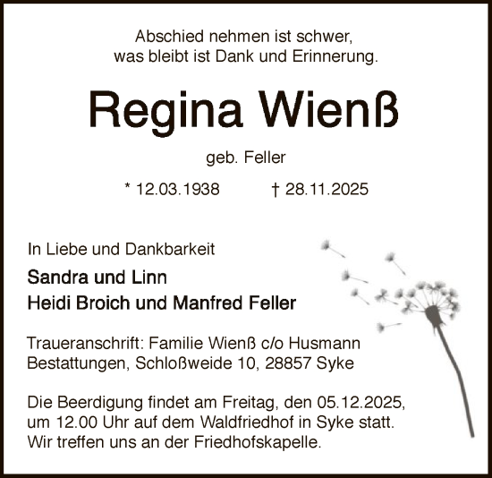 Traueranzeige von Regina Wienß von SYKS
