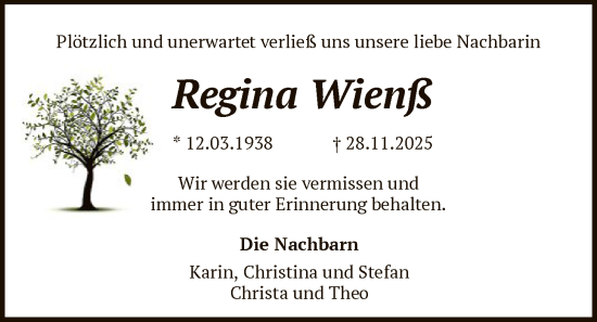 Traueranzeige von Regina Wienß von SYKS