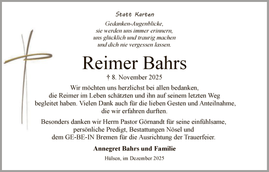 Traueranzeige von Reimer Bahrs von SYKS
