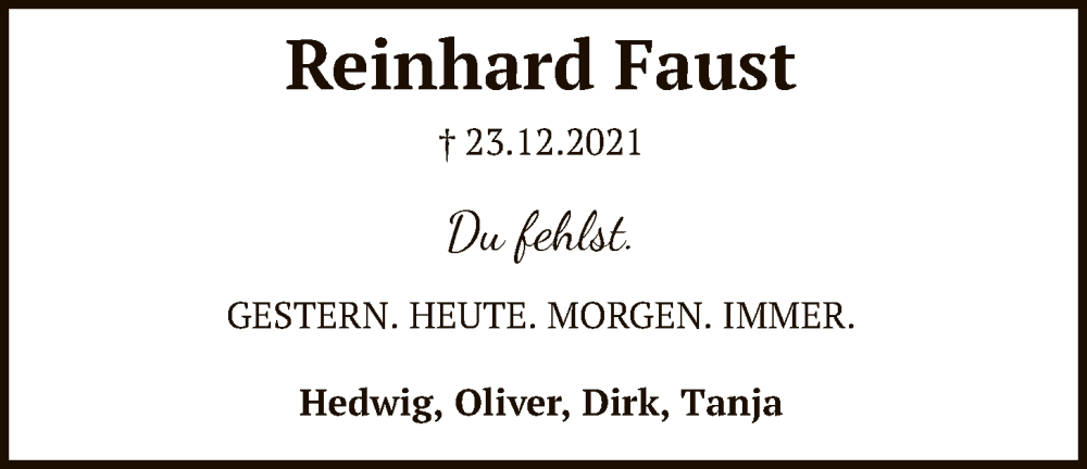  Traueranzeige für Reinhard Faust vom 23.12.2025 aus SYKS
