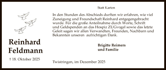 Traueranzeige von Reinhard Feldmann von SYKSSYKS