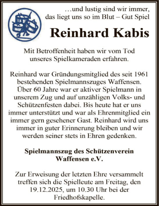 Traueranzeige von Reinhard Kabis von SYKR
