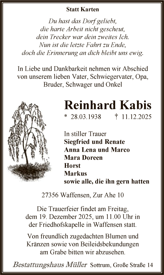 Traueranzeige von Reinhard Kabis von SYKR