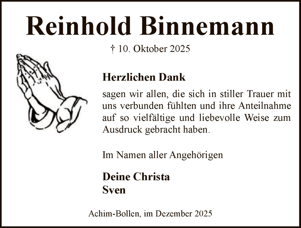  Traueranzeige für Reinhold Binnemann vom 06.12.2025 aus SYKS