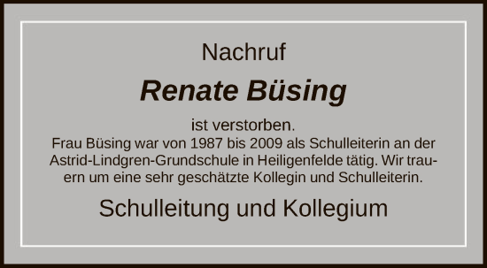 Traueranzeige von Renate Büsing von SYKS