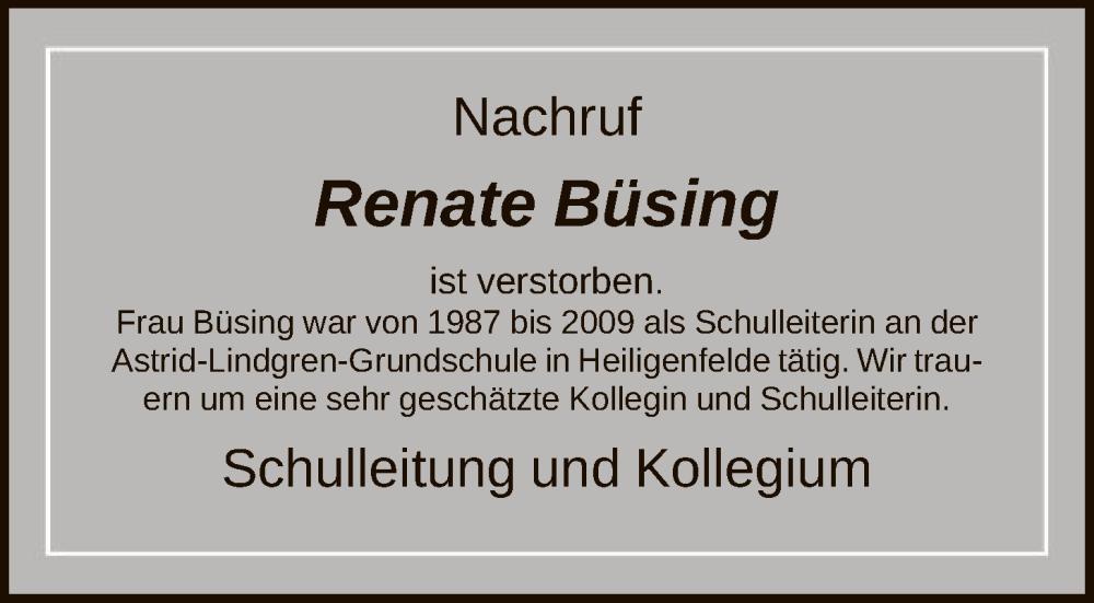  Traueranzeige für Renate Büsing vom 23.12.2025 aus SYKS