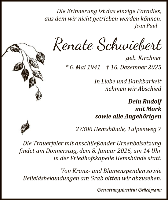 Traueranzeige von Renate Schwiebert von SYKR