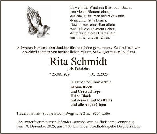 Traueranzeige von Rita Schmidt von SYKS