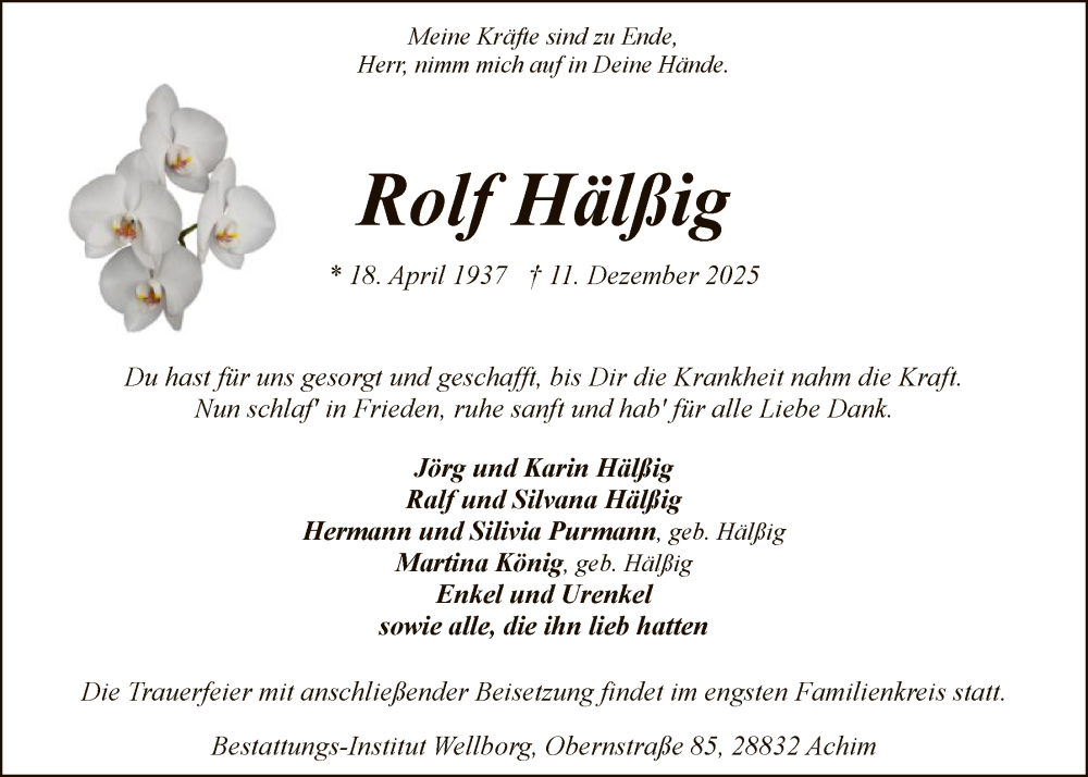  Traueranzeige für Rolf Hälßig vom 16.12.2025 aus SYKS