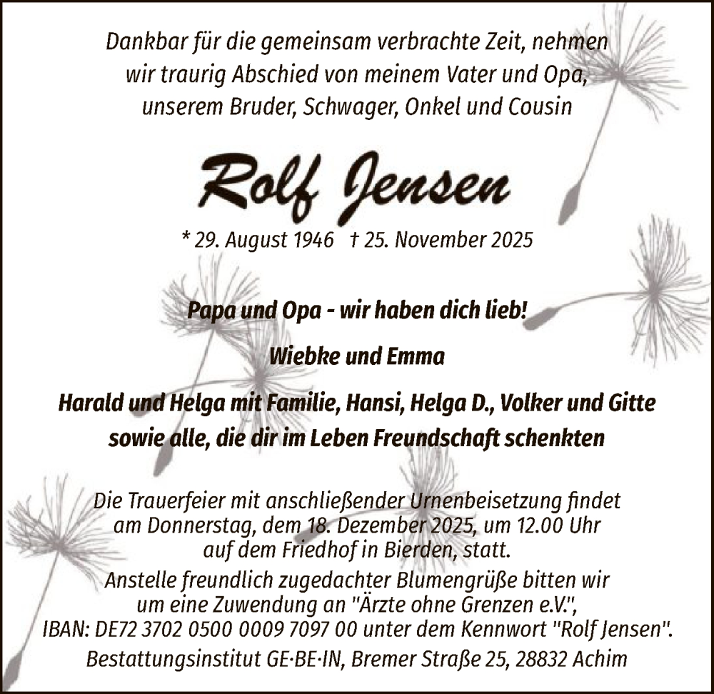  Traueranzeige für Rolf Jensen vom 06.12.2025 aus SYKS