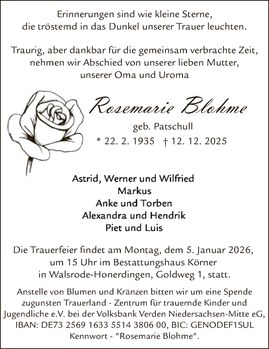 Traueranzeige von Rosemarie Blohme von SYKS