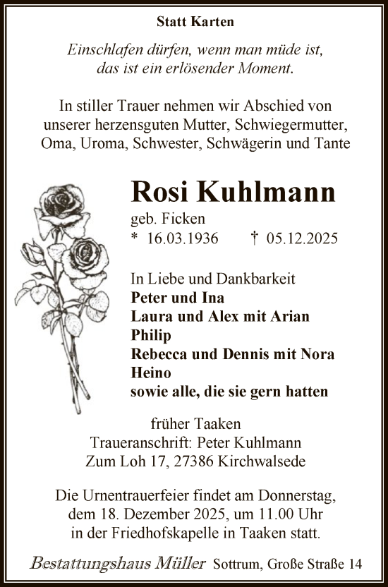 Traueranzeige von Rosi Kuhlmann von SYKR