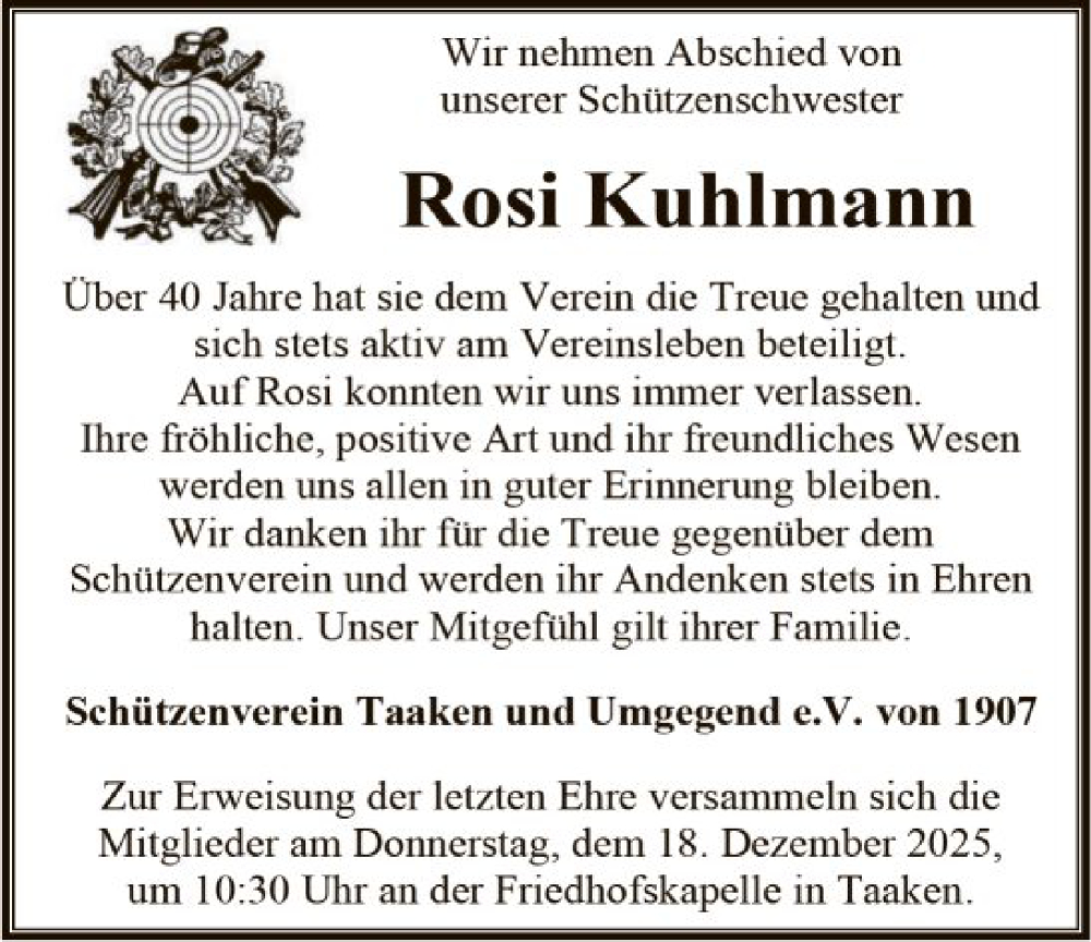  Traueranzeige für Rosi Kuhlmann vom 13.12.2025 aus SYKR