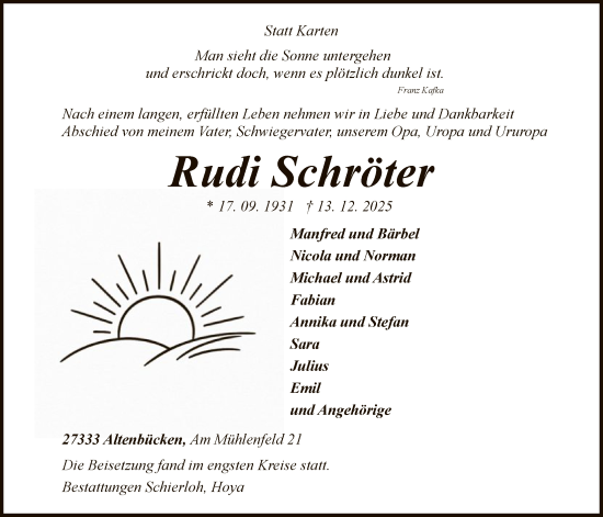 Traueranzeige von Rudi Schröter von SYKS