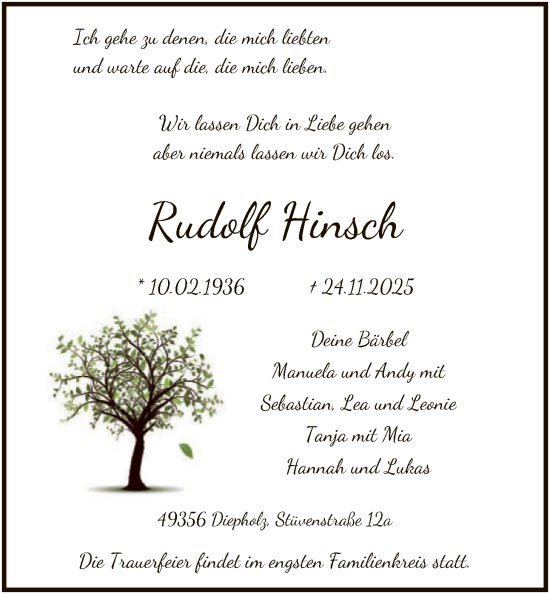 Traueranzeige von Rudolf Hinsch von SYKS