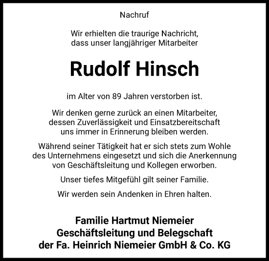 Traueranzeige von Rudolf Hinsch von SYKS