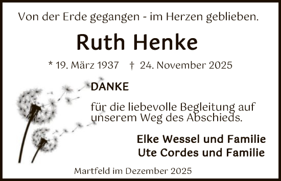 Traueranzeige von Ruth Henke von SYKS