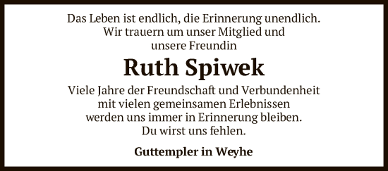 Traueranzeige von Ruth Spiwek von SYKS