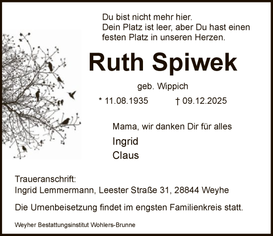 Traueranzeige von Ruth Spiwek von SYKS