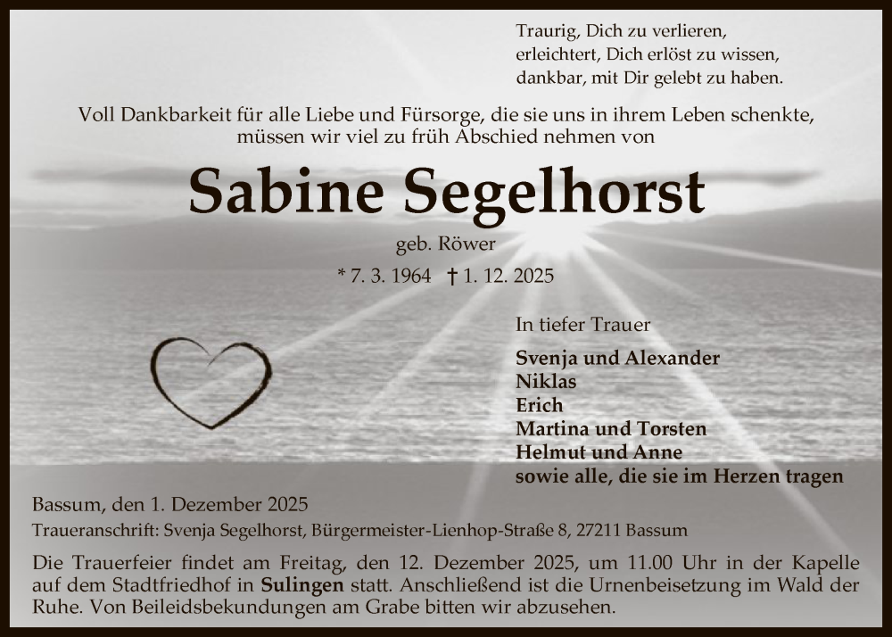  Traueranzeige für Sabine Segelhorst vom 06.12.2025 aus SYKS