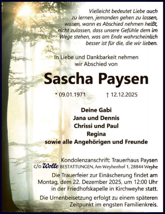Traueranzeige von Sascha Paysen von SYKS