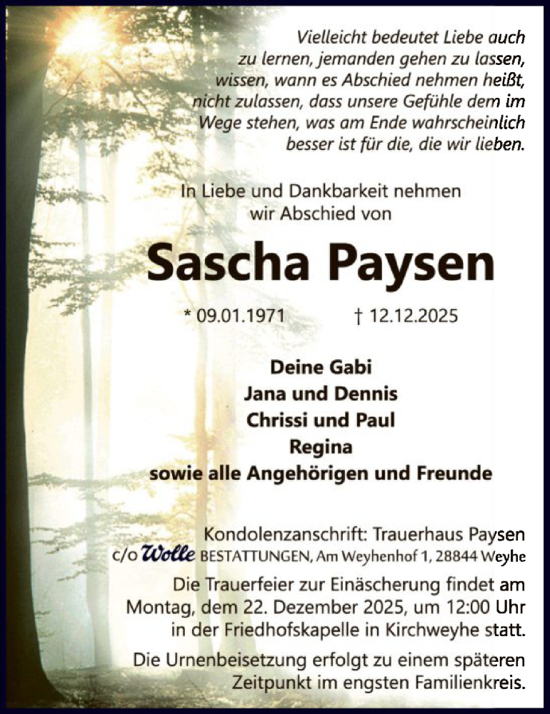  Traueranzeige für Sascha Paysen vom 17.12.2025 aus SYKS