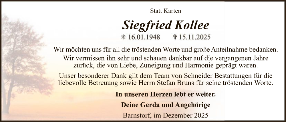  Traueranzeige für Siegfried Kollee vom 20.12.2025 aus SYKS