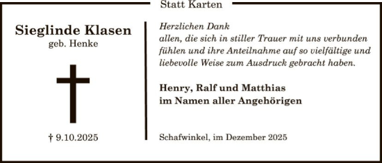 Traueranzeige von Sieglinde Klasen von SYKS