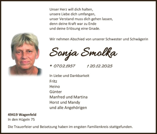 Traueranzeige von Sonja Smolka von SYKS