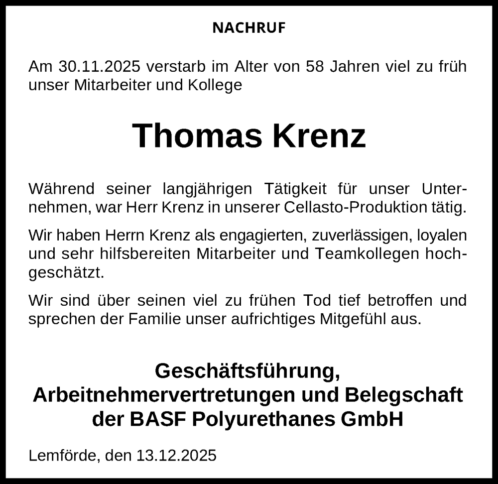  Traueranzeige für Thomas Krenz vom 13.12.2025 aus SYKS
