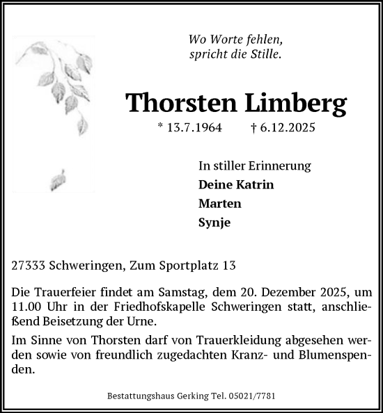 Traueranzeige von Thorsten Limberg von SYKS
