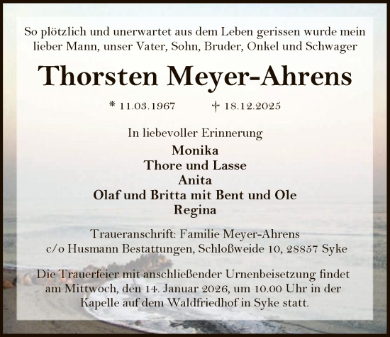 Traueranzeige von Thorsten Meyer-Ahrens von SYKS