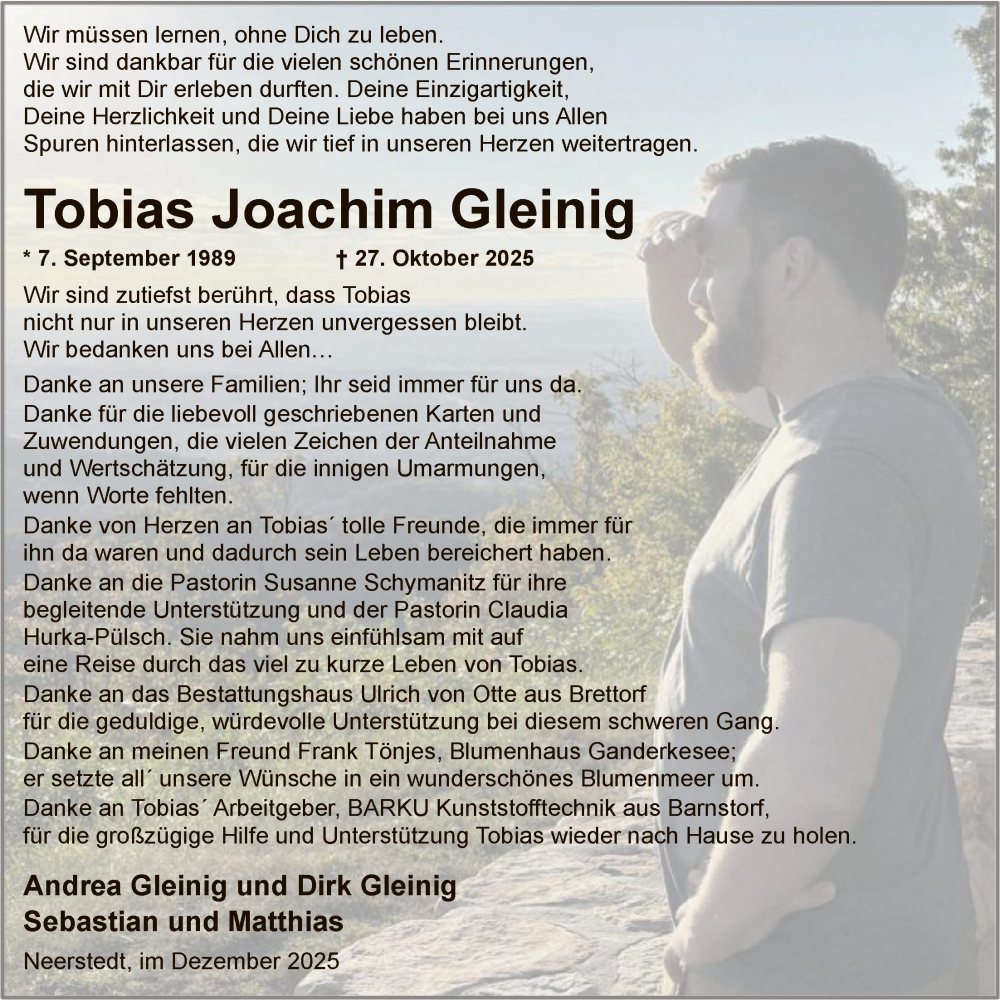 Traueranzeige für Tobias Joachim Gleinig vom 20.12.2025 aus SYWZ