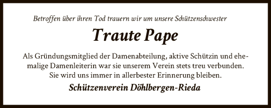 Traueranzeige von Traute Pape von SYKS