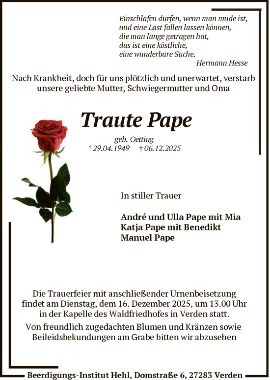 Traueranzeige von Traute Pape von SYKS