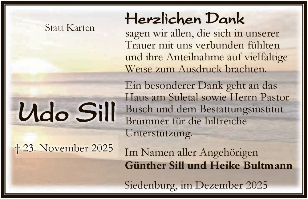  Traueranzeige für Udo Sill vom 27.12.2025 aus SYKS